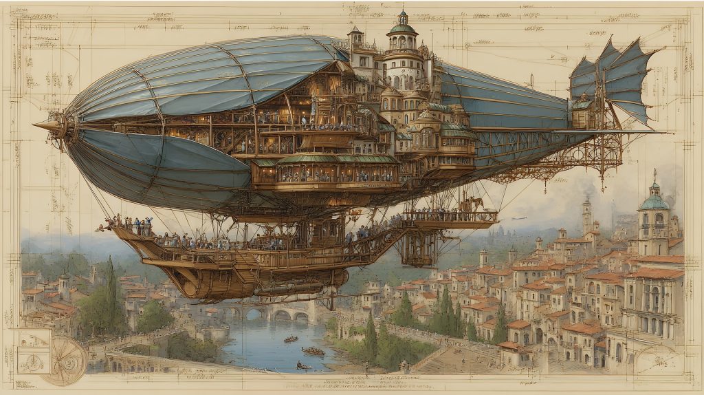 Large steampunk airship floating above a Victorian-style city with detailed mechanical structures and architecture