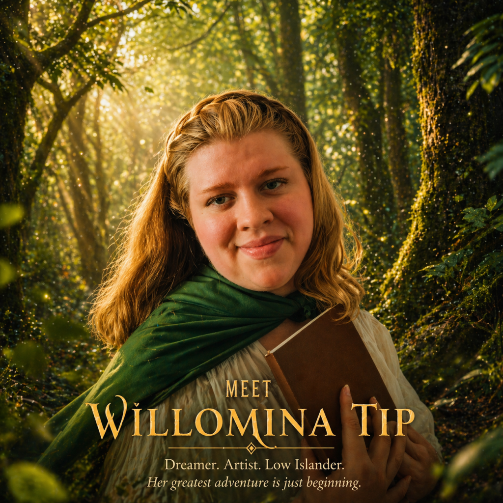 Portrait of Willomina Tip in a sunlit forest, wearing a green cloak and holding a journal, with glowing light and whimsical atmosphere