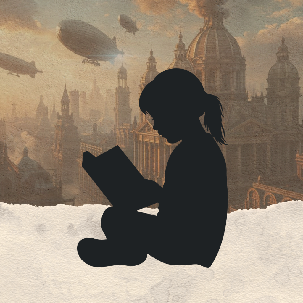 Silhouette of a child reading a book against a fantasy city skyline with airships, representing imagination, storytelling, and the journey to becoming an author.