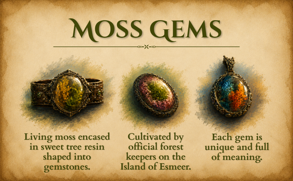Fantasy worldbuilding illustration of colorful moss gems made from living moss encased in sweet tree resin and shaped into gemstones from the world of Willomina Tip.