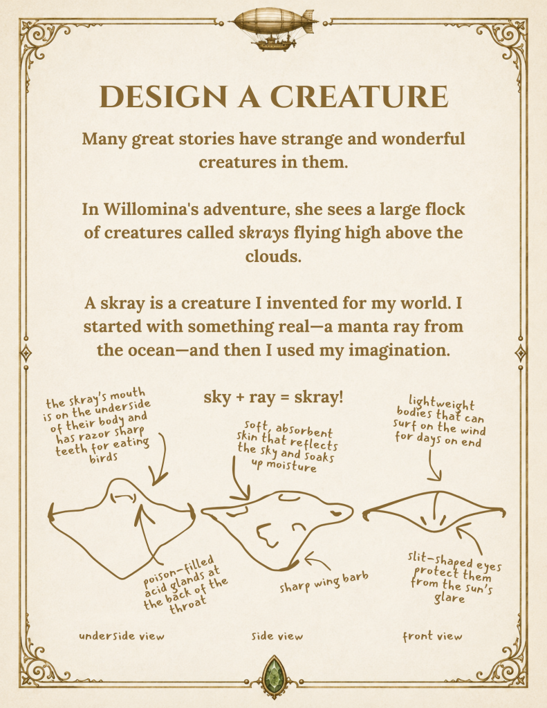 Printable creature design worksheet where children imagine and illustrate an original fantasy creature with unique traits and abilities.