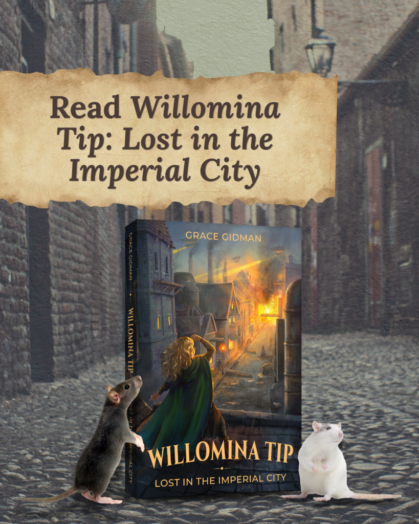Book cover of Willomina Tip: Lost in the Imperial City featuring the memorable rat companions from the fantasy adventure.