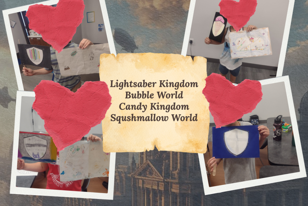 Elementary students holding fantasy maps and worldbuilding projects they created during a creative classroom writing activity.