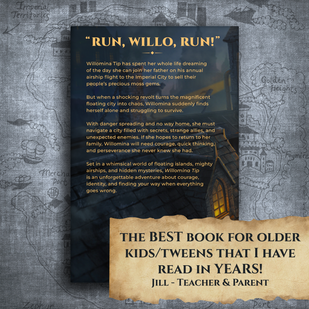 Back cover of Willomina Tip: Lost in the Imperial City featuring the review, "The best book for older kids/tweens that I have read in years!" from a teacher and parent.