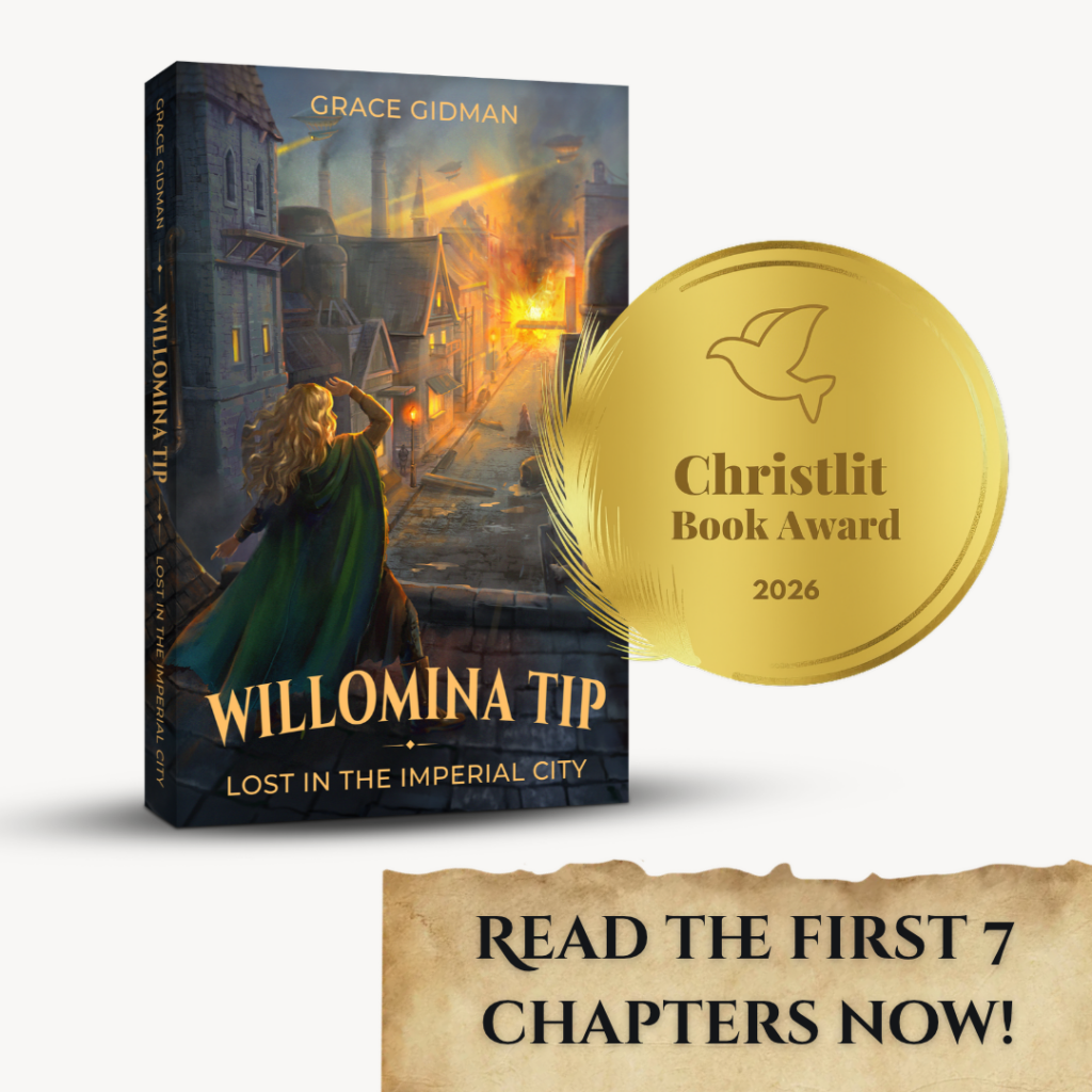 Willomina Tip: Lost in the Imperial City book cover with Christlit Book Award seal and Read the First 7 Chapters Now text